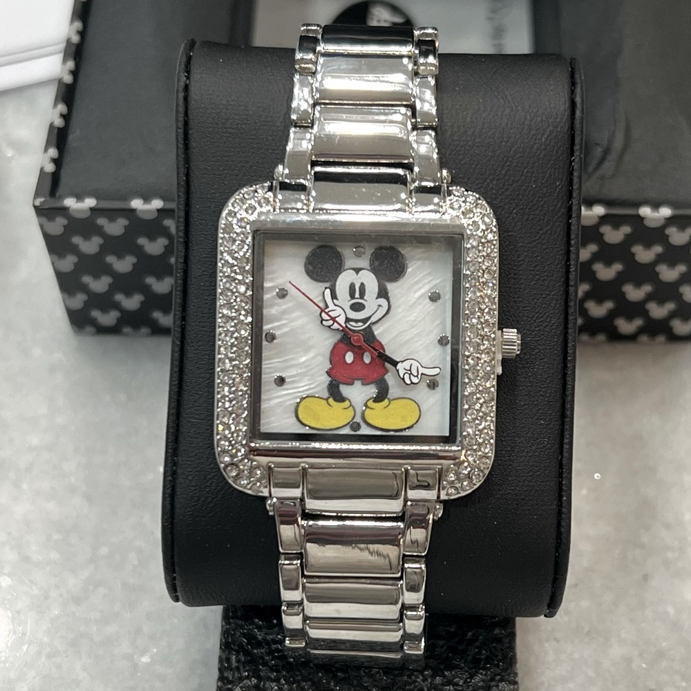 DISNEY Womenโs Mickey Mouse Crystal Embellished Silvertone Watch